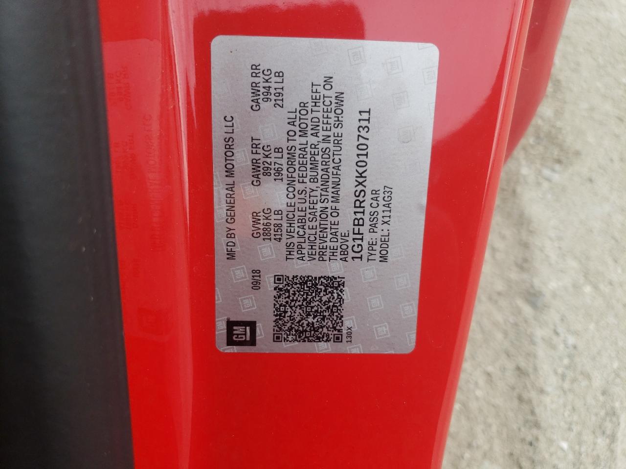 1G1FB1RSXK0107311 2019 Chevrolet Camaro Ls