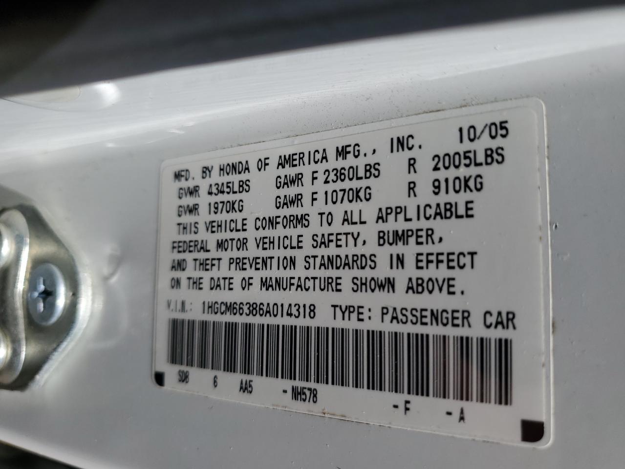 1HGCM66386A014318 2006 Honda Accord Lx