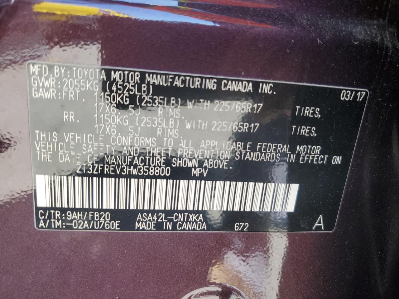 2T3ZFREV3HW358800 2017 Toyota Rav4 Le