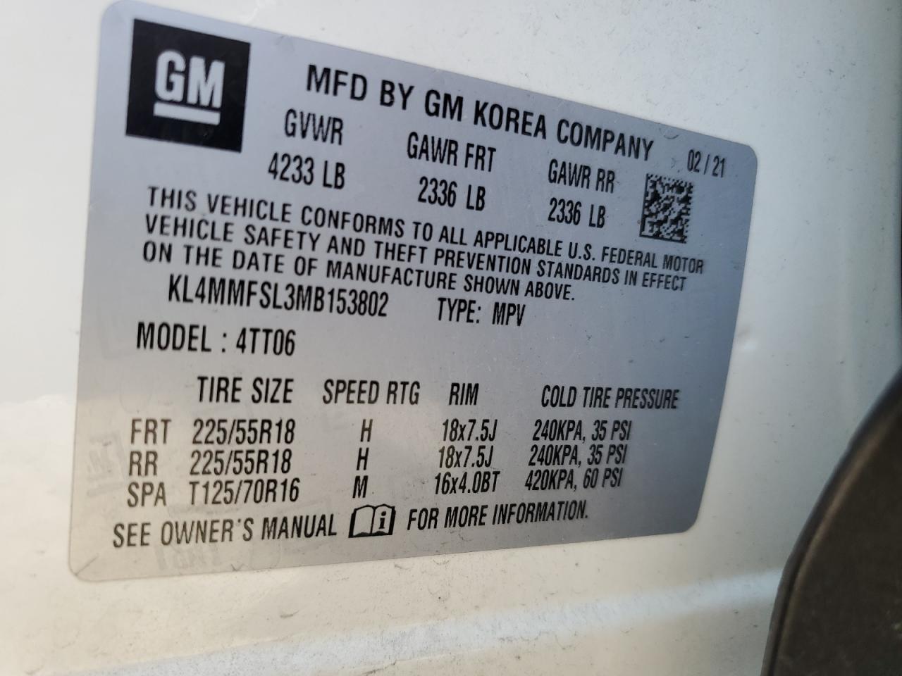 KL4MMFSL3MB153802 2021 Buick Encore Gx Essence