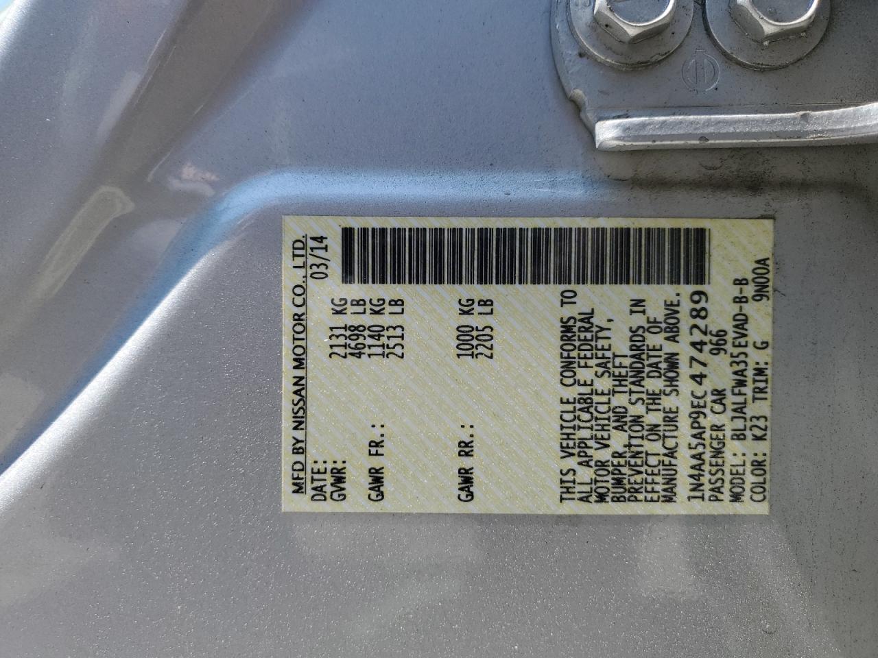 1N4AA5AP9EC474289 2014 Nissan Maxima S