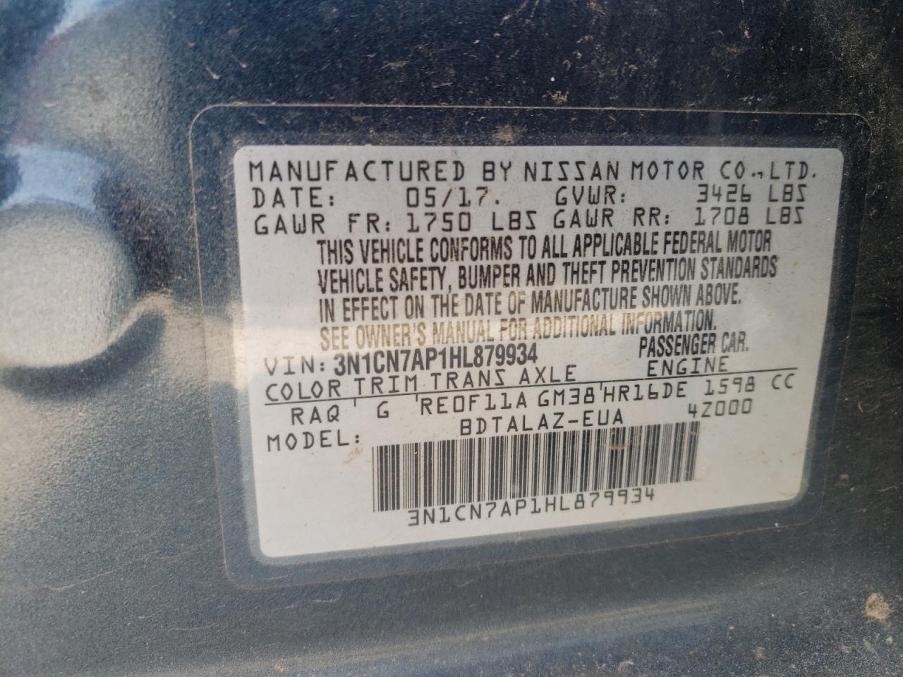 3N1CN7AP1HL879934 2017 Nissan Versa S