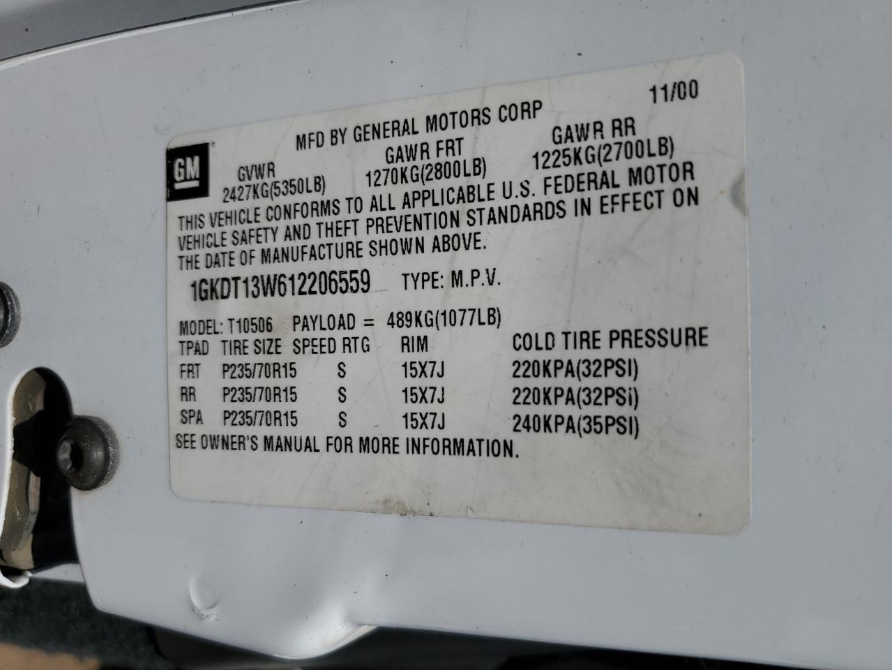 1GKDT13W612206559 2001 GMC Jimmy