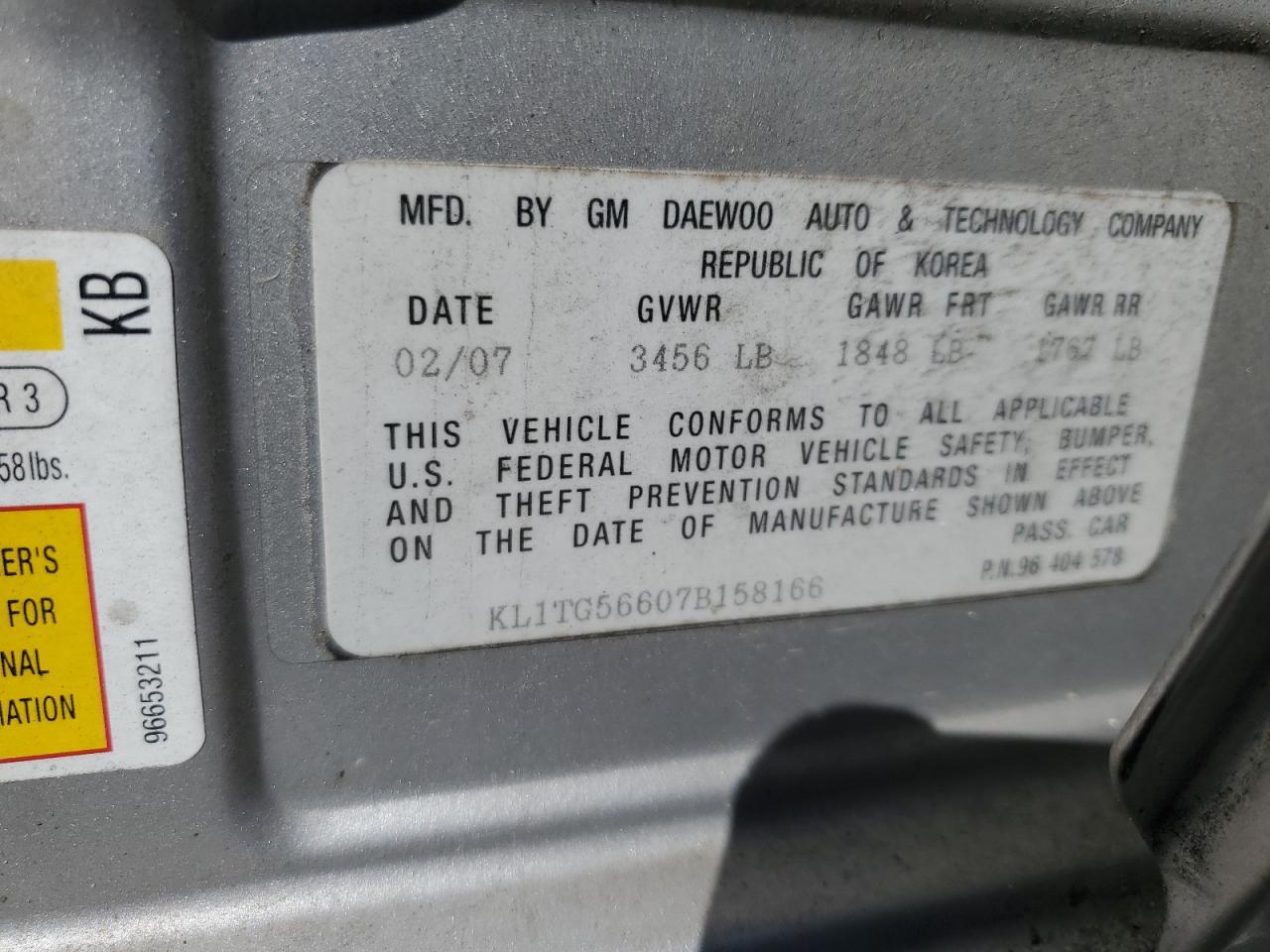 KL1TG56607B158166 2007 Chevrolet Aveo Lt