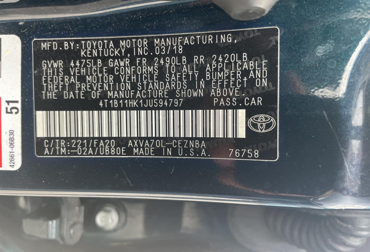 2018 Toyota Camry L vin: 4T1B11HK1JU594797