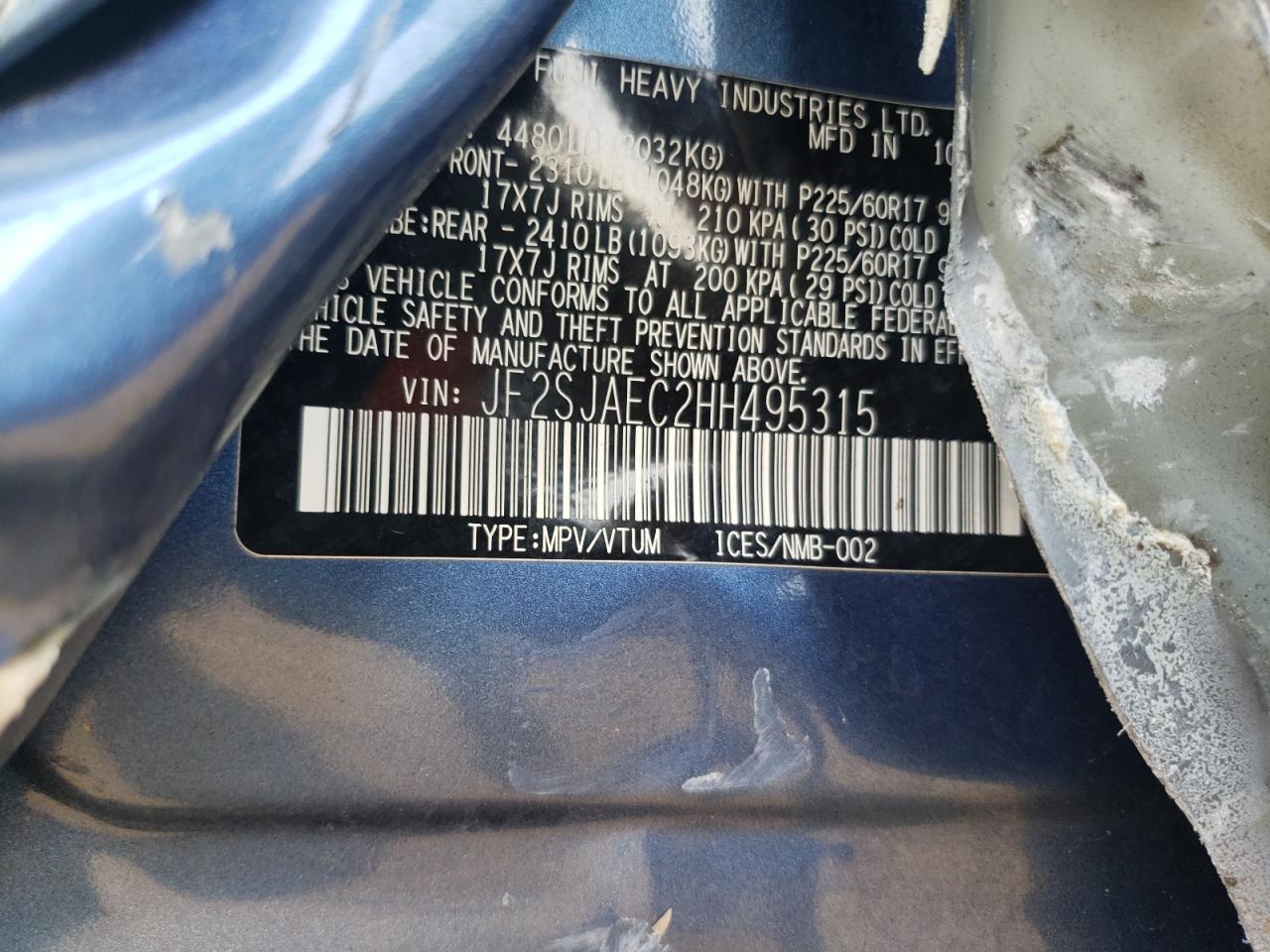 JF2SJAEC2HH495315 2017 Subaru Forester 2.5I Premium