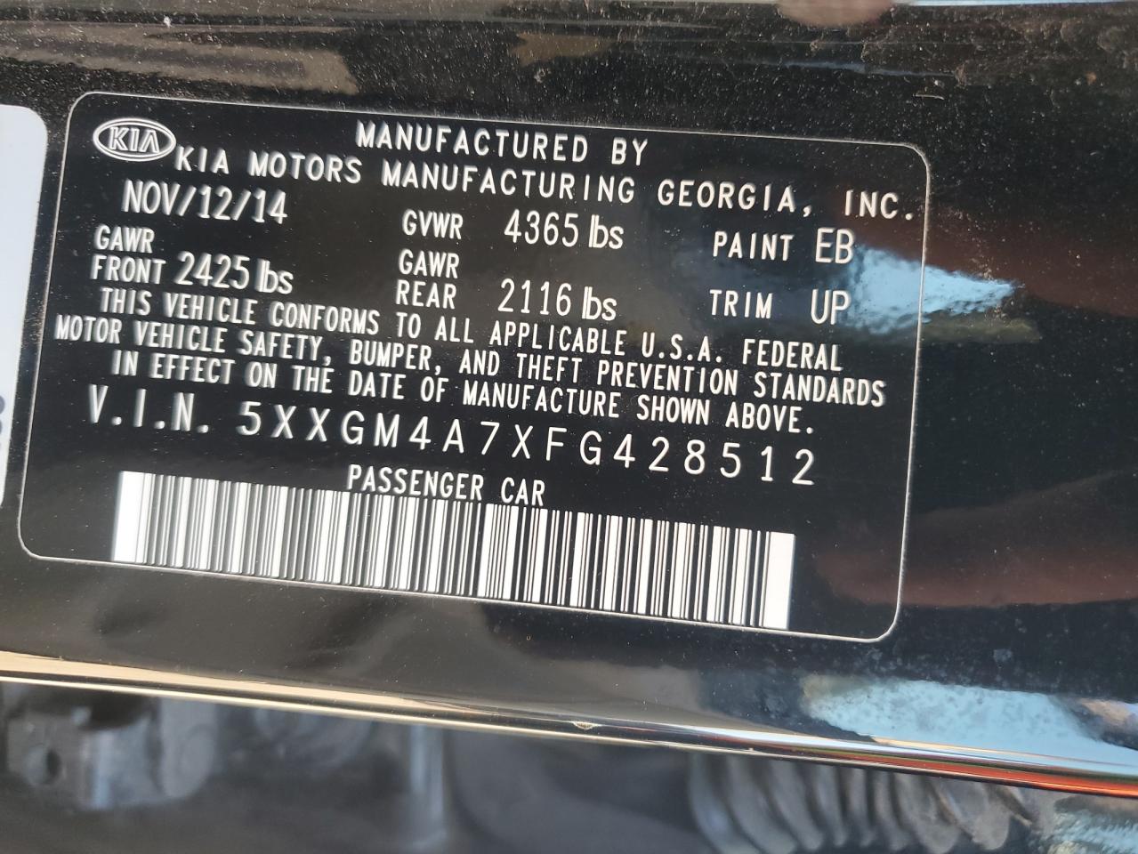 5XXGM4A7XFG428512 2015 Kia Optima Lx