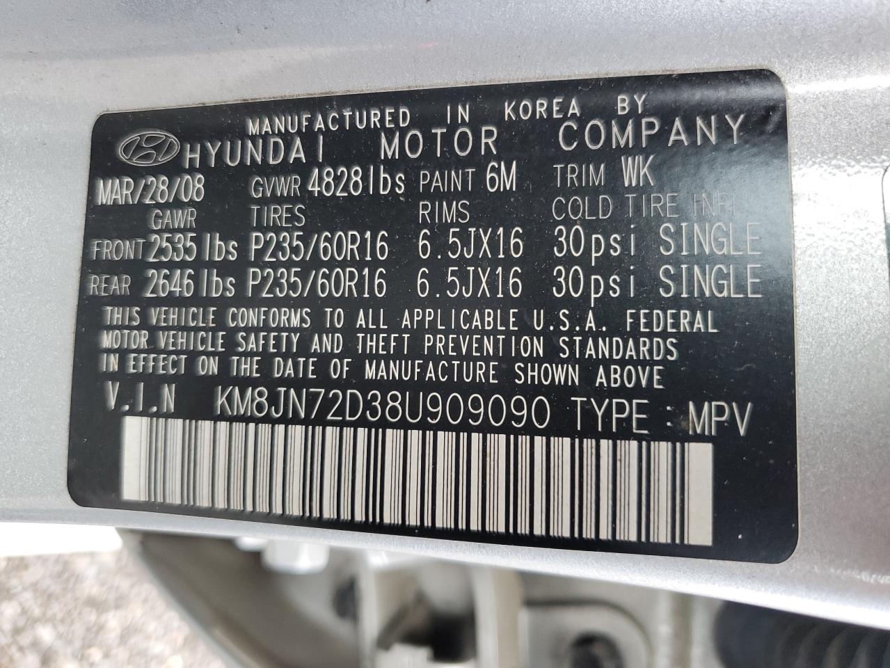 KM8JN72D38U909090 2008 Hyundai Tucson Se