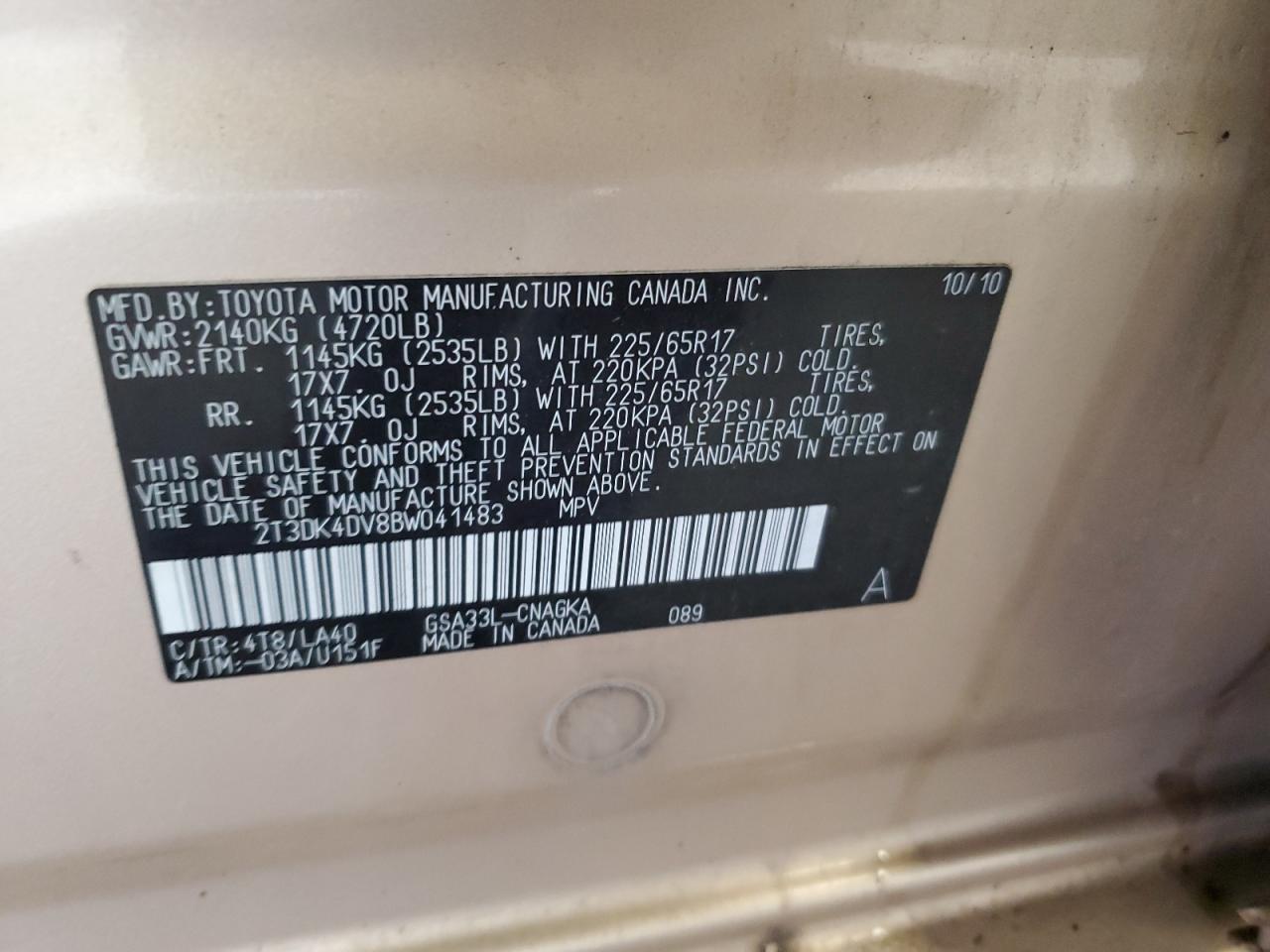 2T3DK4DV8BW041483 2011 Toyota Rav4 Limited