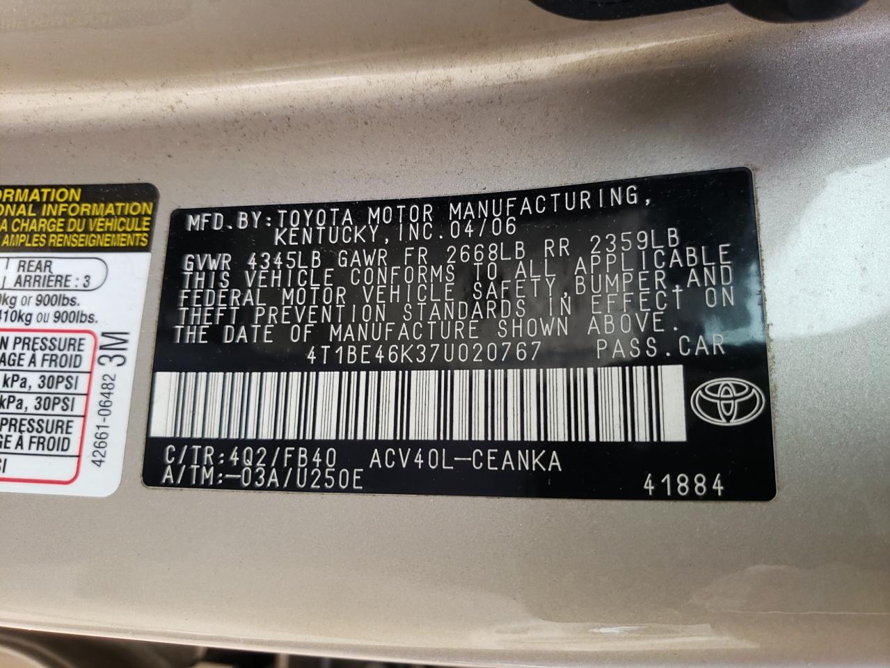 4T1BE46K37U020767 2007 Toyota Camry Ce