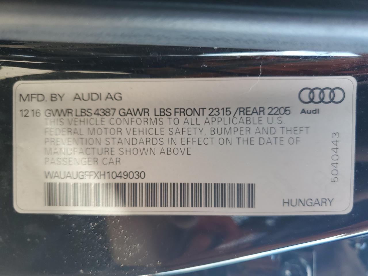 WAUAUGFFXH1049030 2017 Audi A3 Premium