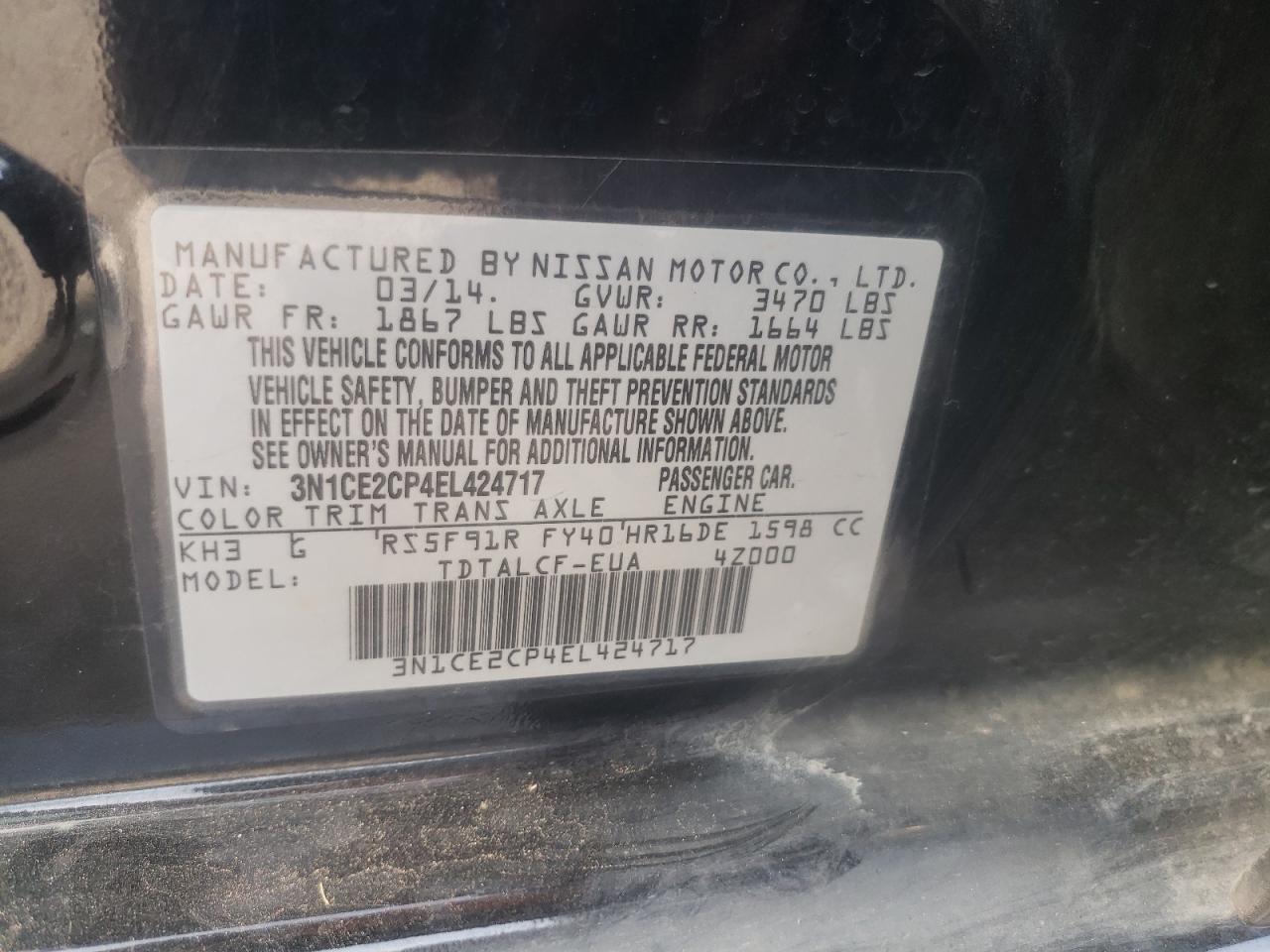 3N1CE2CP4EL424717 2014 Nissan Versa Note S