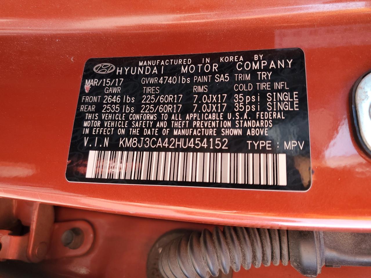 KM8J3CA42HU454152 2017 Hyundai Tucson Limited