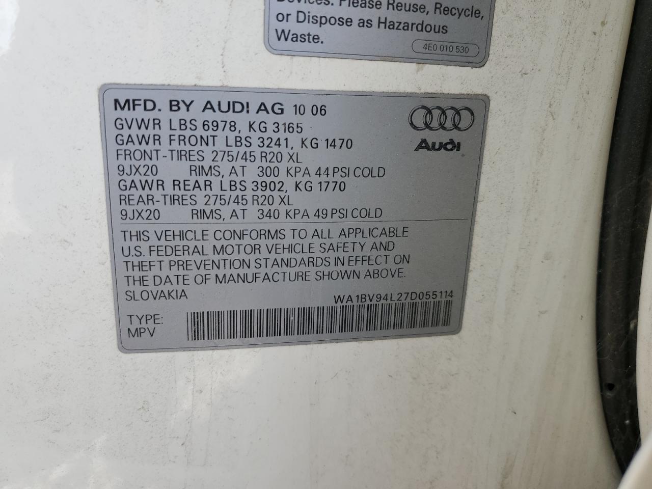 WA1BV94L27D055114 2007 Audi Q7 4.2 Quattro Premium