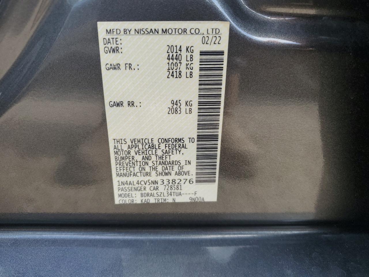 1N4AL4CV5NN338276 2022 Nissan Altima Sr