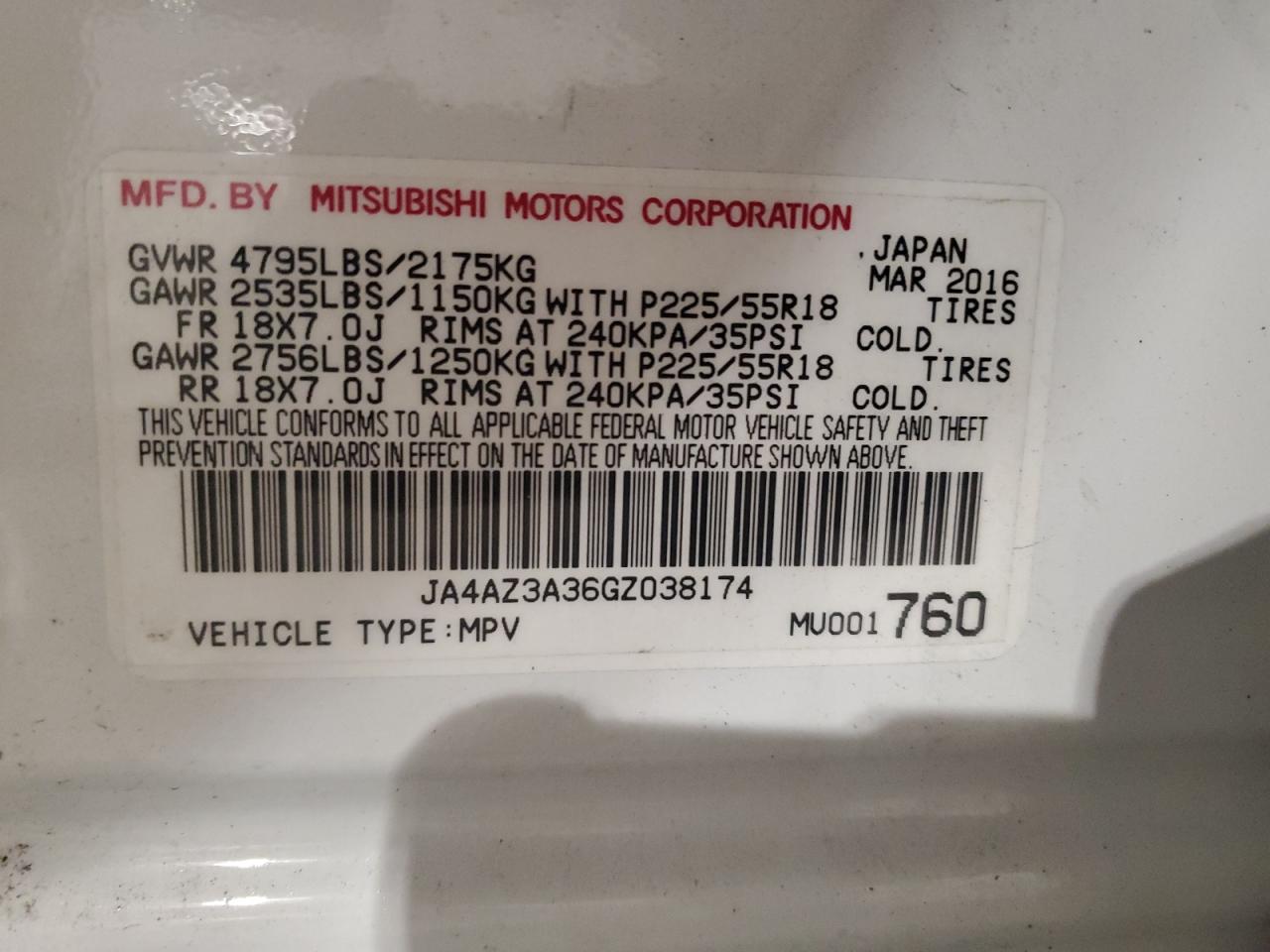 JA4AZ3A36GZ038174 2016 Mitsubishi Outlander Se