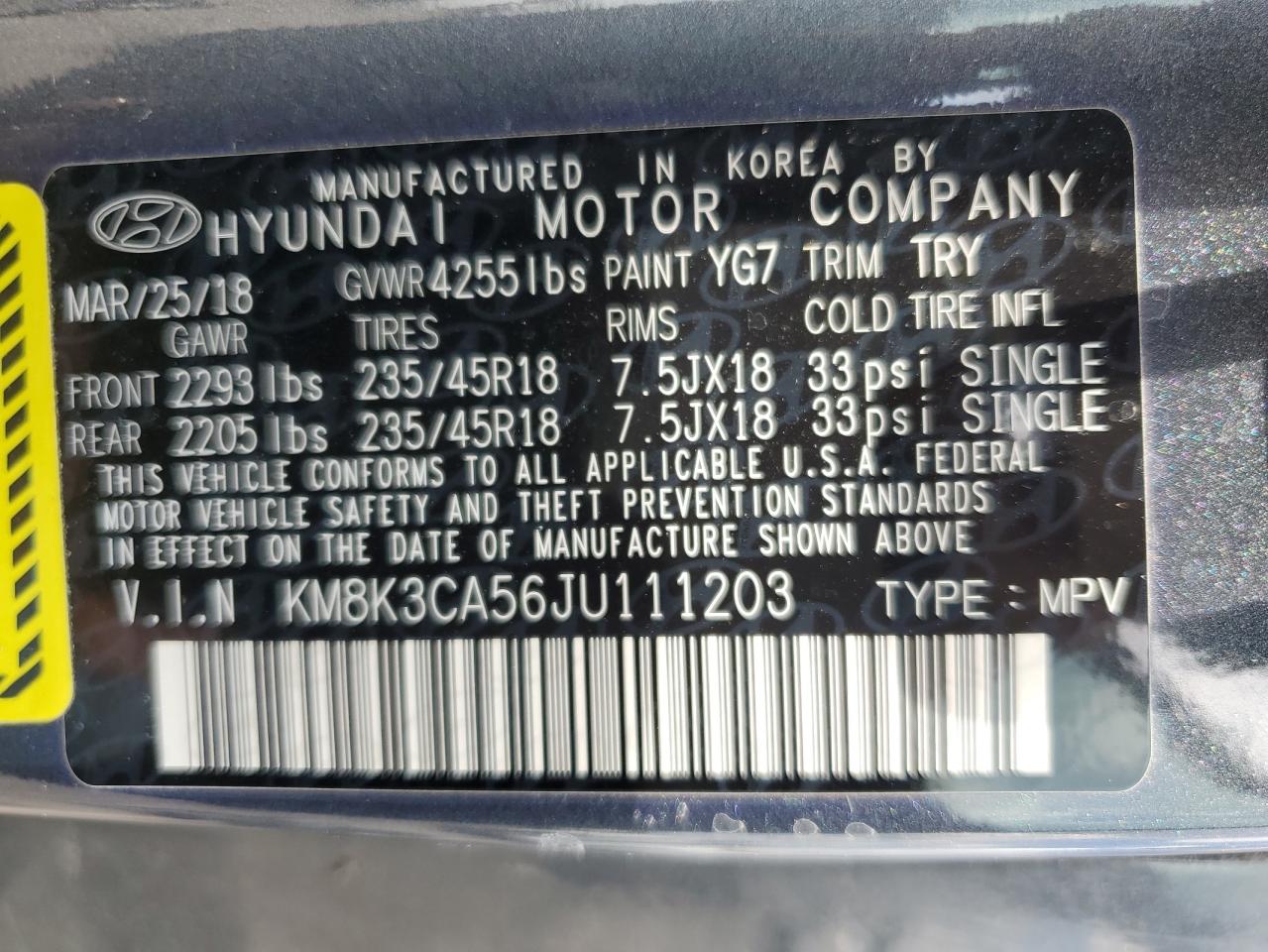 KM8K3CA56JU111203 2018 Hyundai Kona Limited