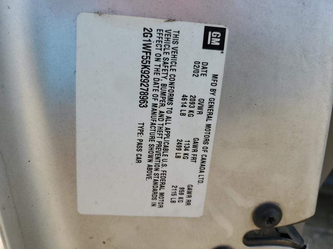 2G1WF55K929278963 2002 Chevrolet Impala