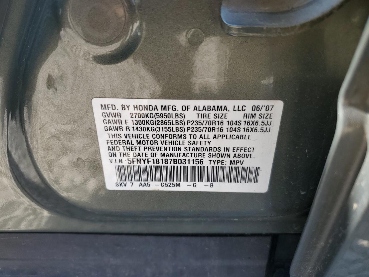 5FNYF18187B031156 2007 Honda Pilot Lx