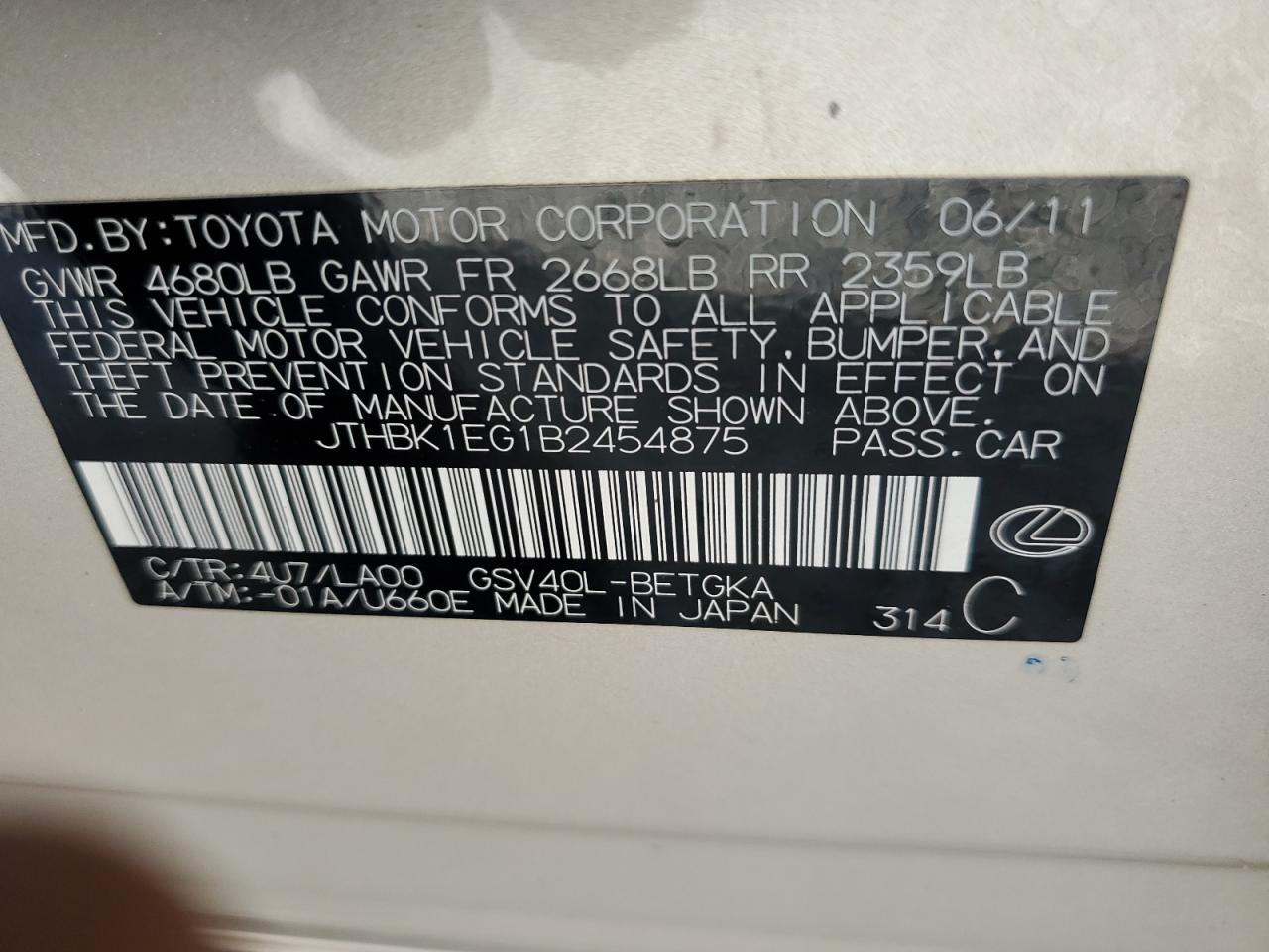 JTHBK1EG1B2454875 2011 Lexus Es 350