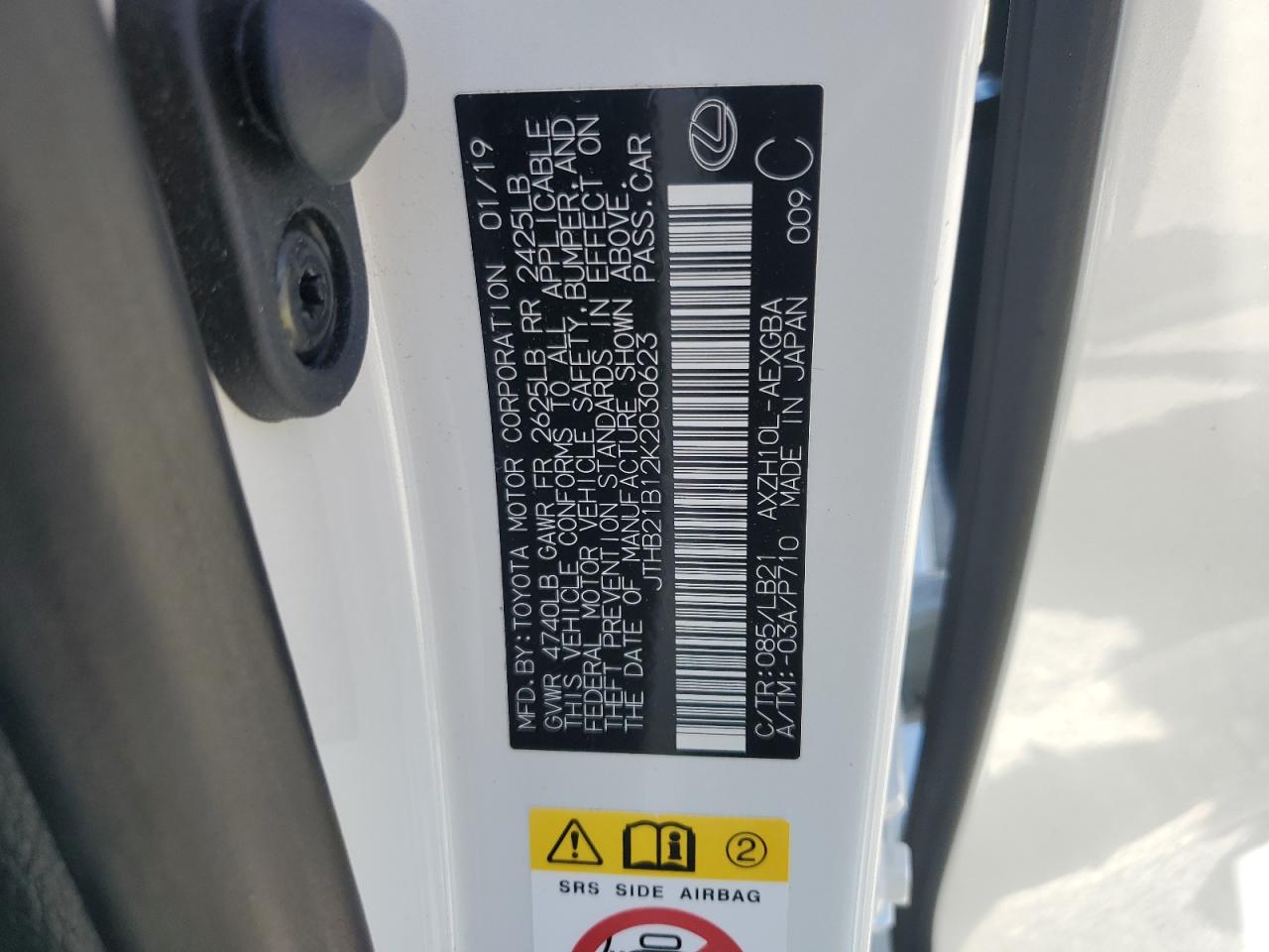 JTHB21B12K2030623 2019 Lexus Es 300H