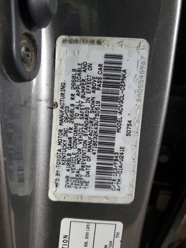 4T1BE32K43U750519 2003 Toyota Camry Le