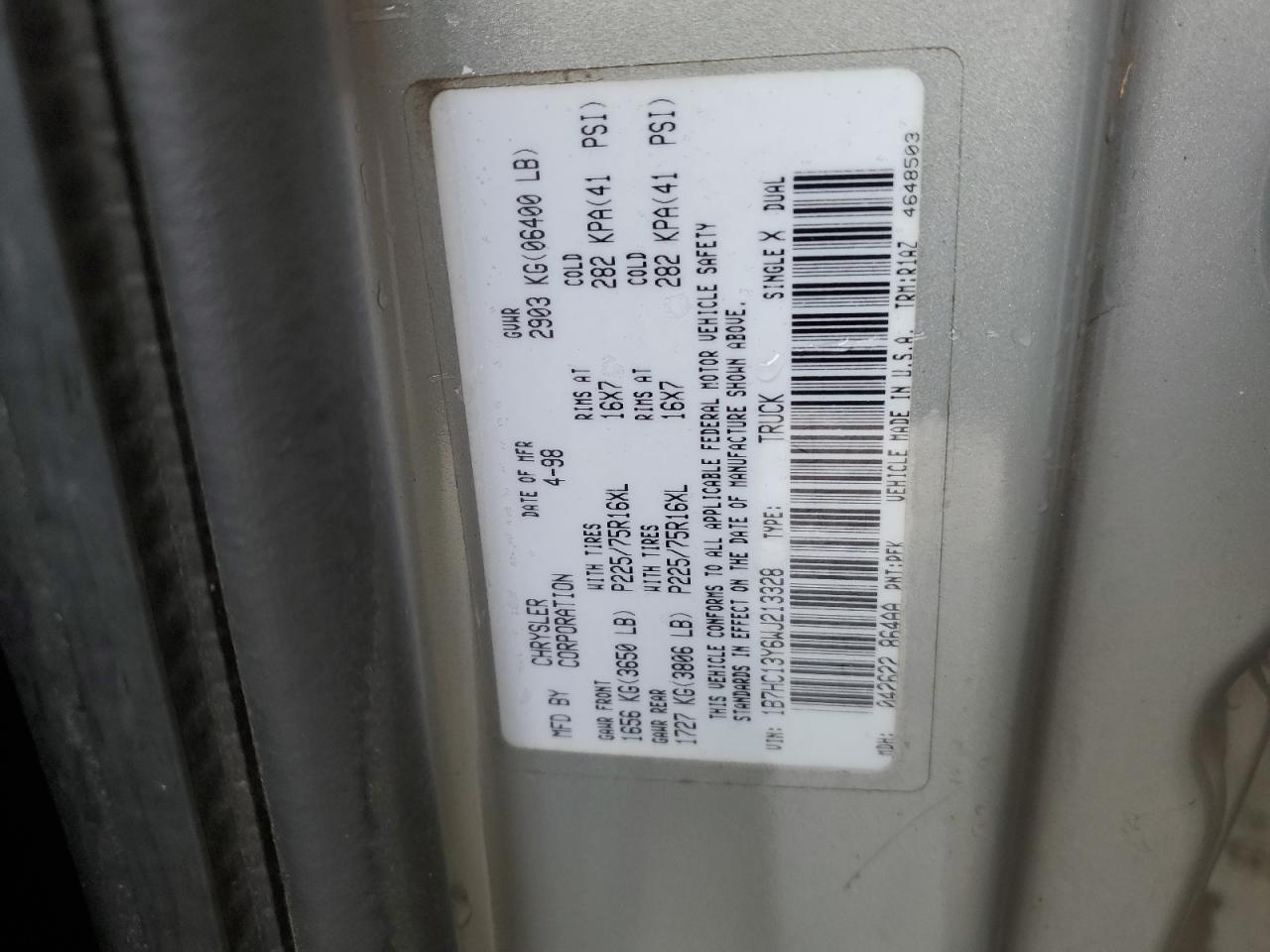 1B7HC13Y6WJ213328 1998 Dodge Ram 1500