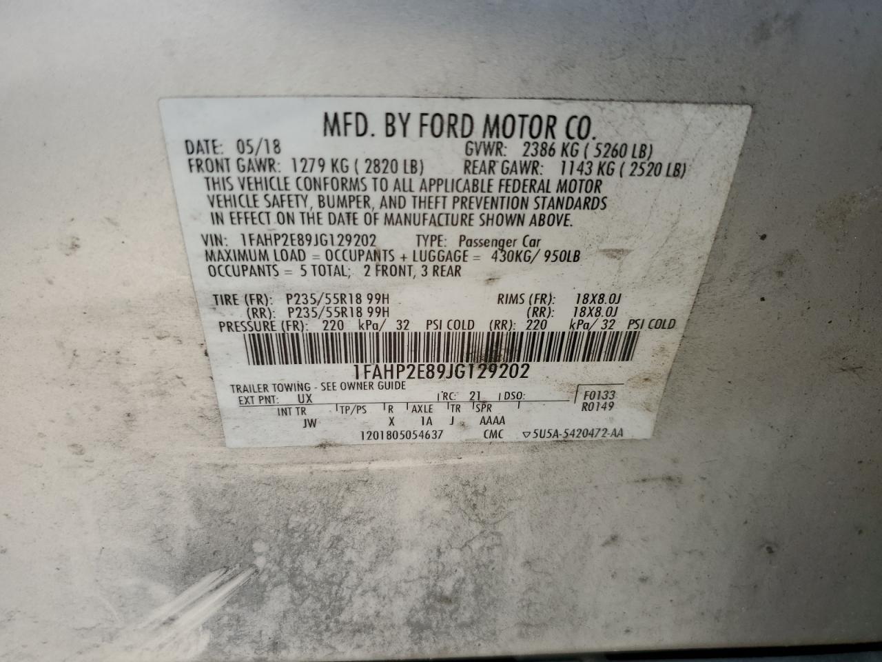 1FAHP2E89JG129202 2018 Ford Taurus Sel