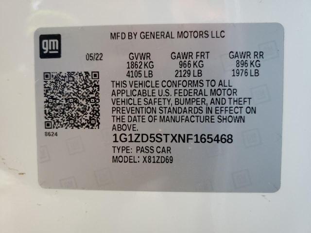 2022 Chevrolet Malibu Lt VIN: 1G1ZD5STXNF165468 Lot: 60154634