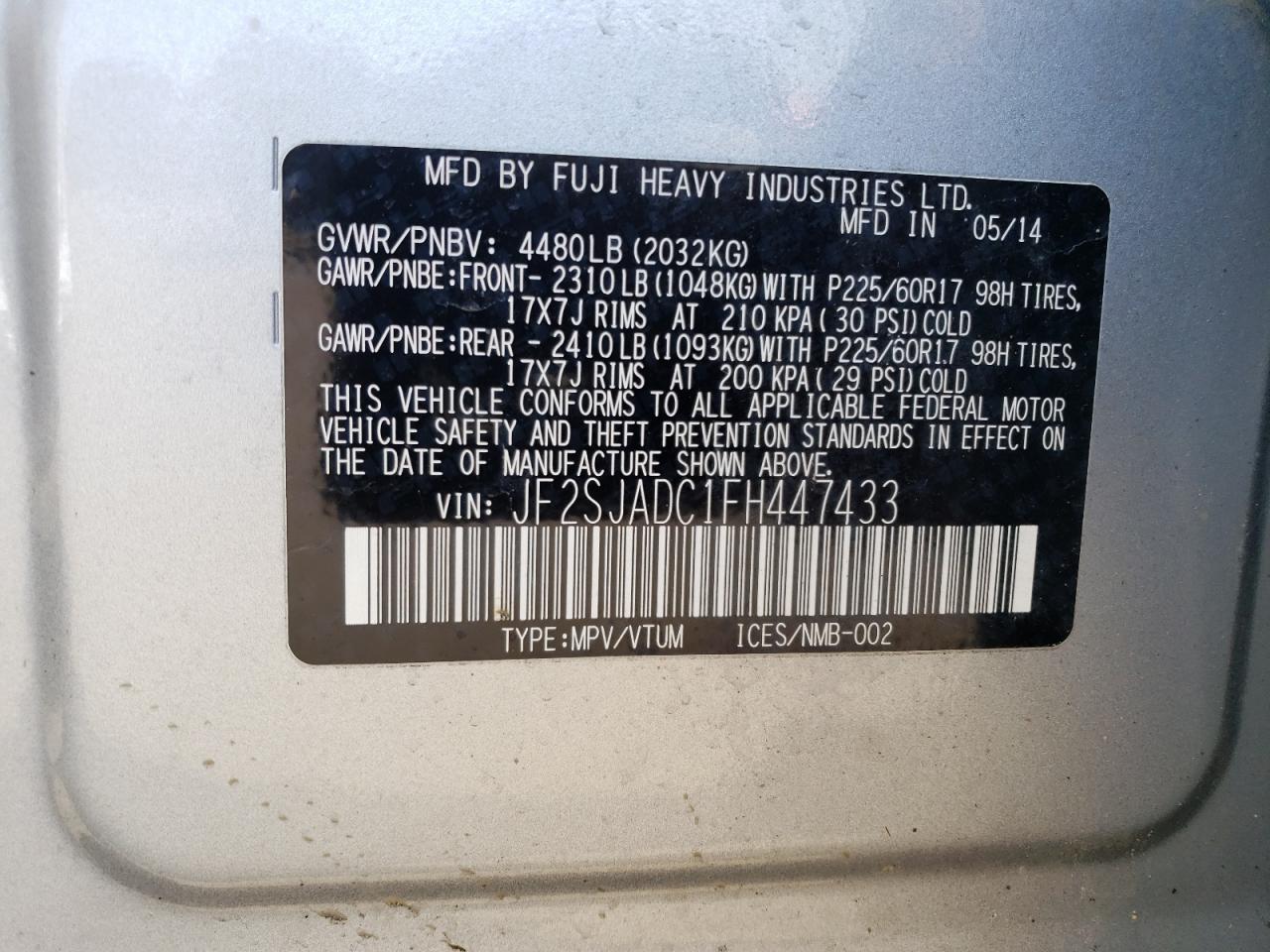 JF2SJADC1FH447433 2015 Subaru Forester 2.5I Premium