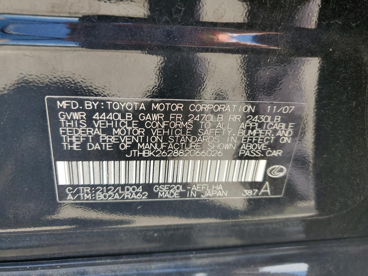 JTHBK262882066026 2008 Lexus Is 250