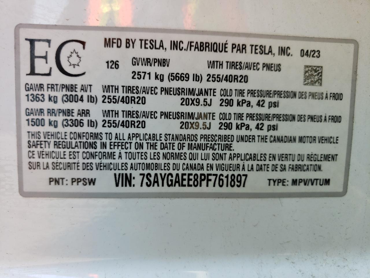 7SAYGAEE8PF761897 2023 Tesla Model Y