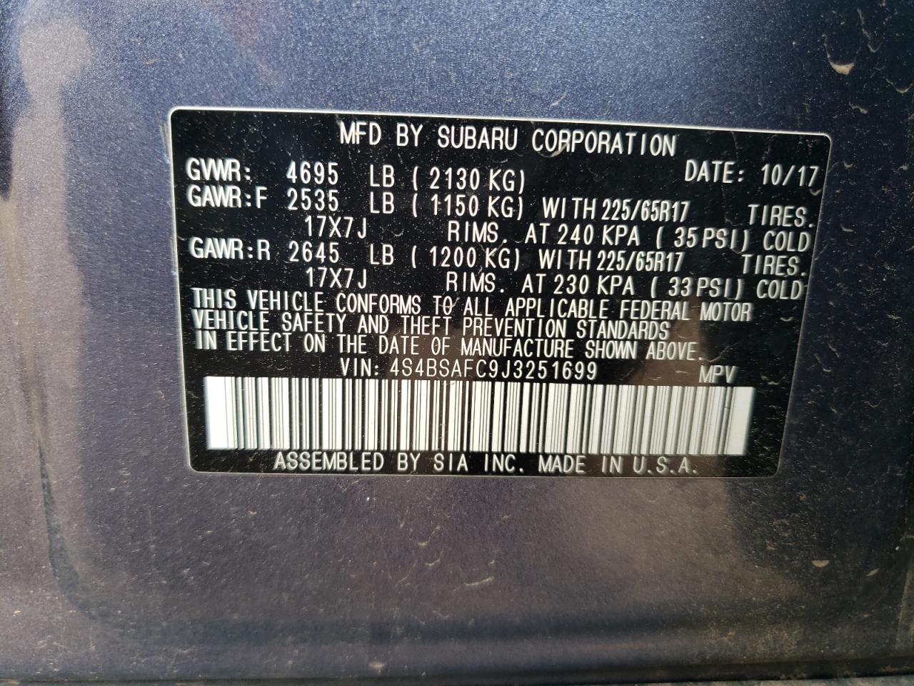 4S4BSAFC9J3251699 2018 Subaru Outback 2.5I Premium