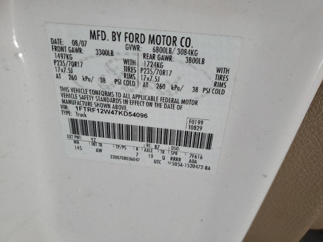 2007 Ford F150 VIN: 1FTRF12W47KD54096 Lot: 58953694