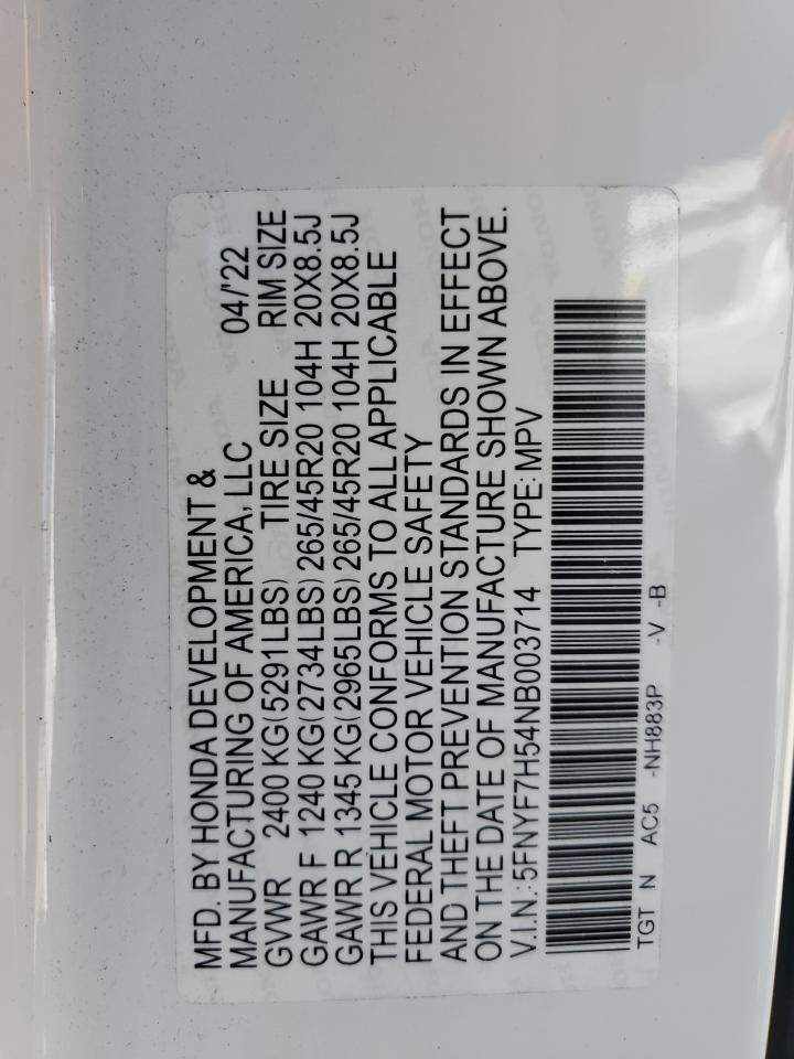 5FNYF7H54NB003714 2022 Honda Passport Exl
