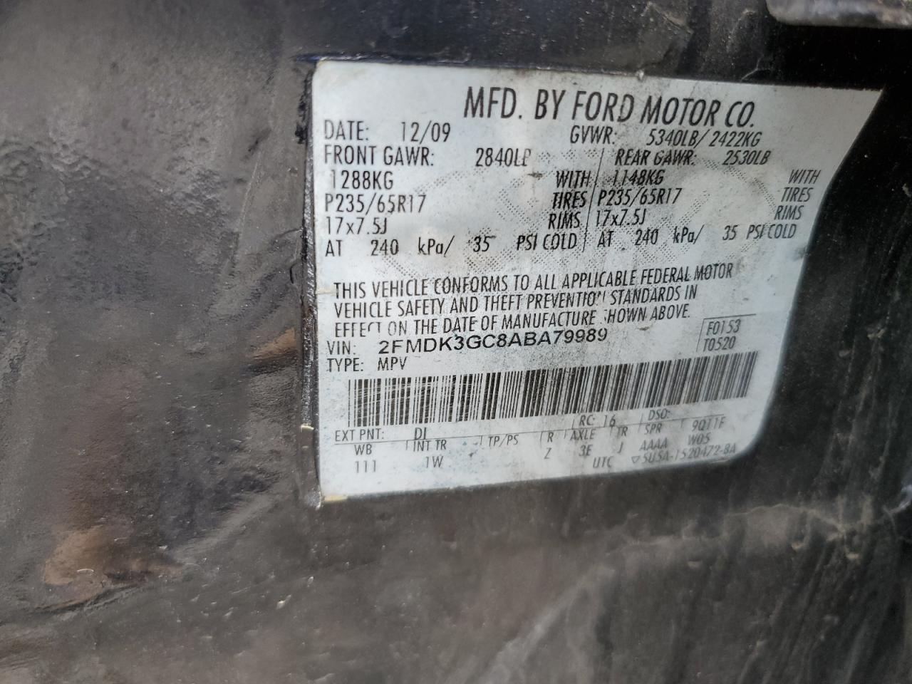 2FMDK3GC8ABA79989 2010 Ford Edge Se