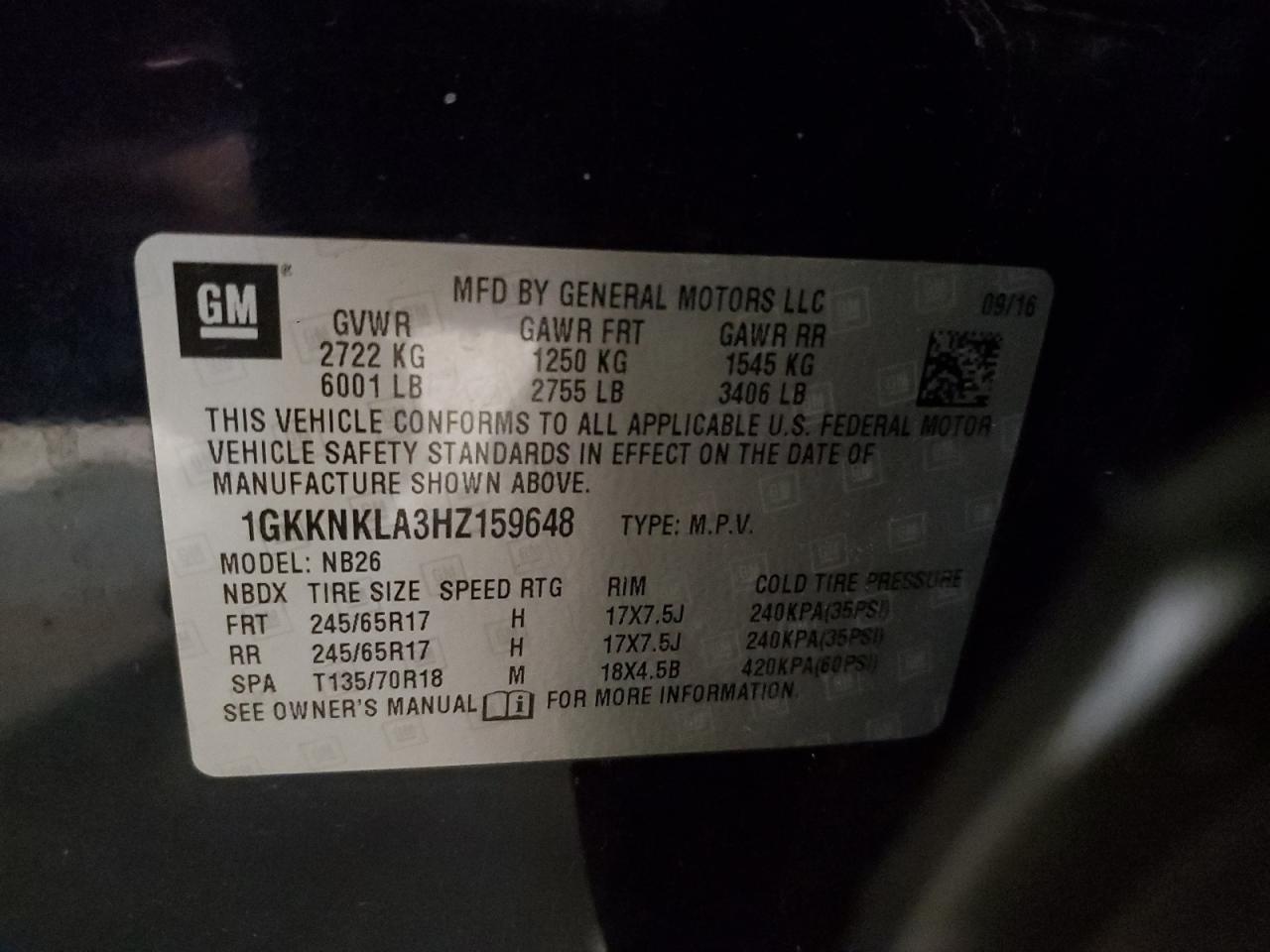 1GKKNKLA3HZ159648 2017 GMC Acadia Sle