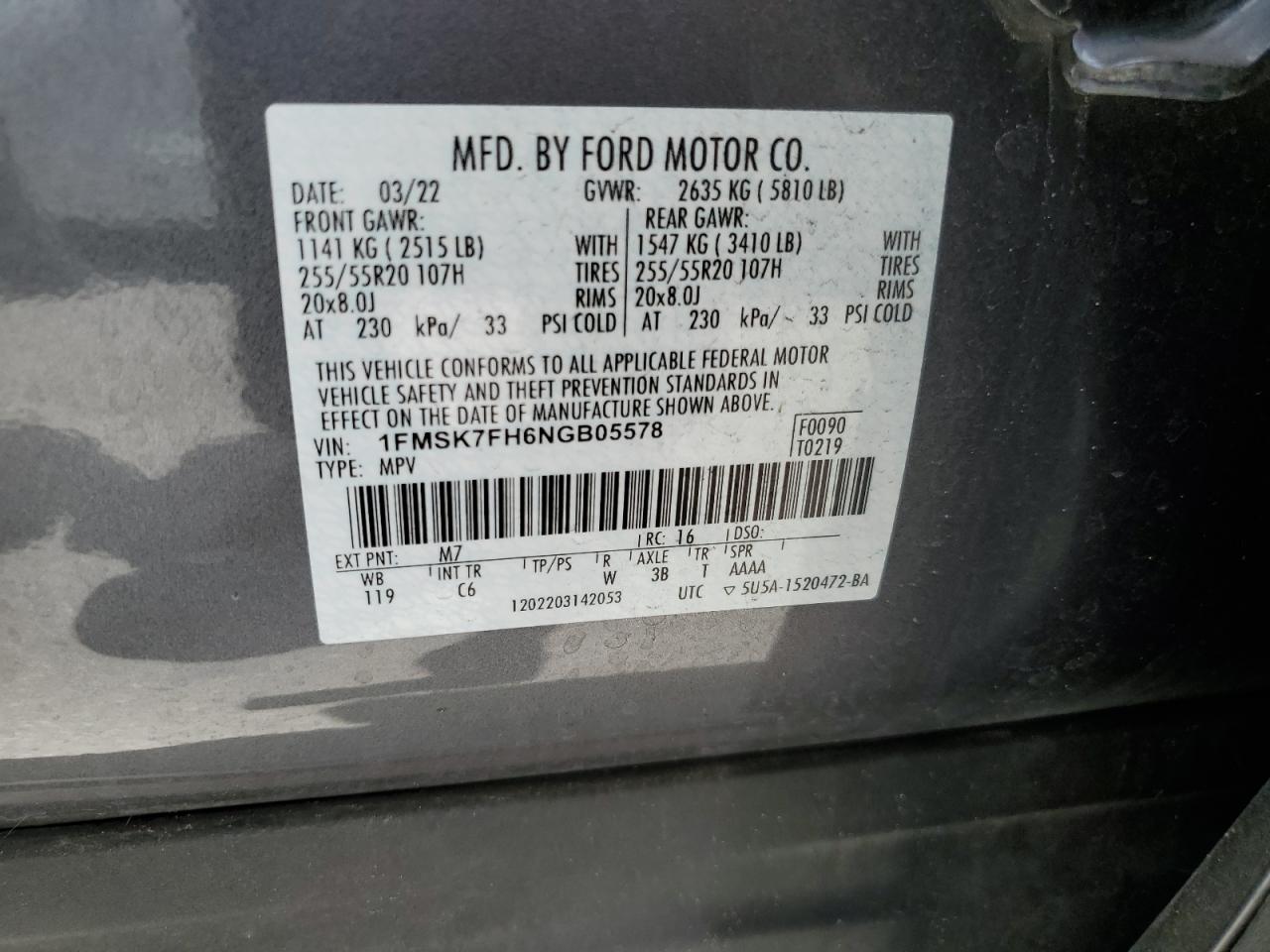 1FMSK7FH6NGB05578 2022 Ford Explorer Limited