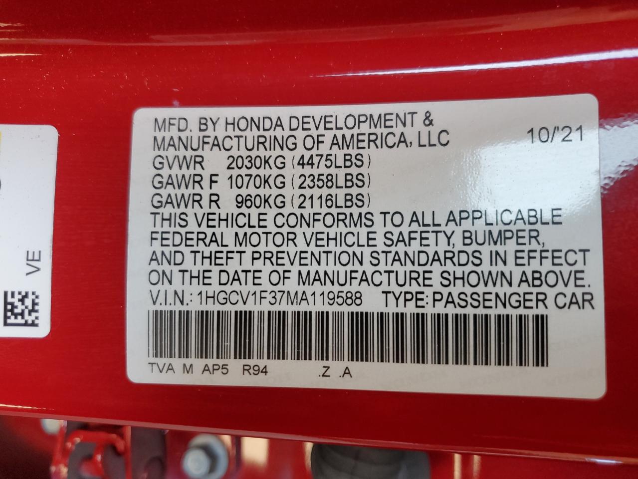 1HGCV1F37MA119588 2021 Honda Accord Sport