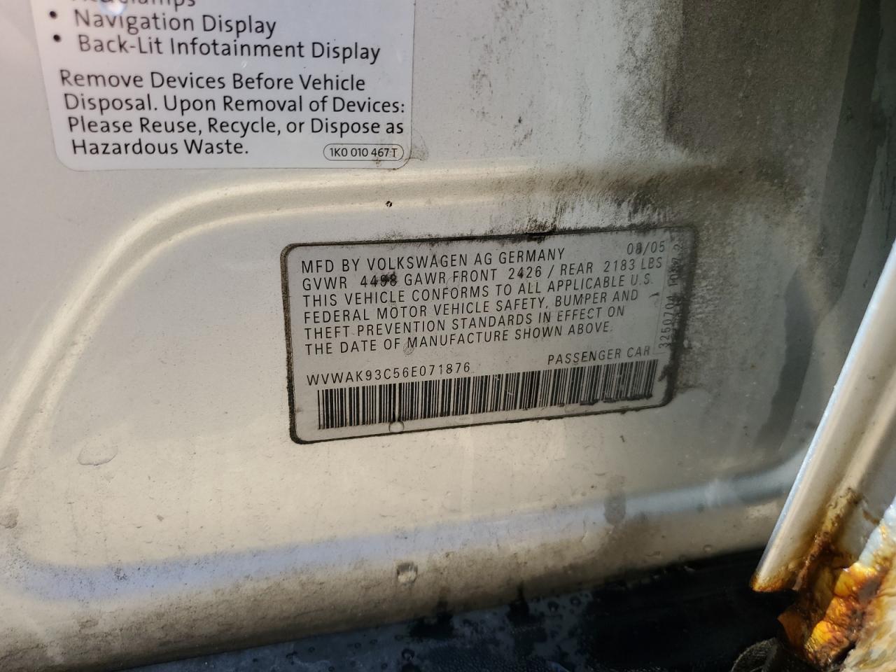 WVWAK93C56E071876 2006 Volkswagen Passat 2.0T