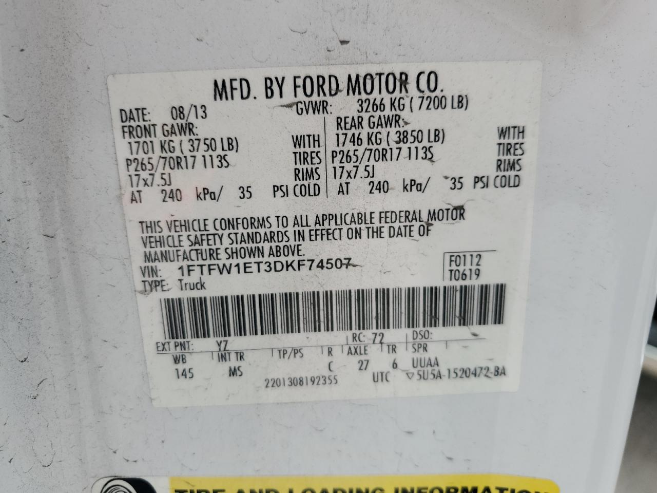 1FTFW1ET3DKF74507 2013 Ford F150 Supercrew
