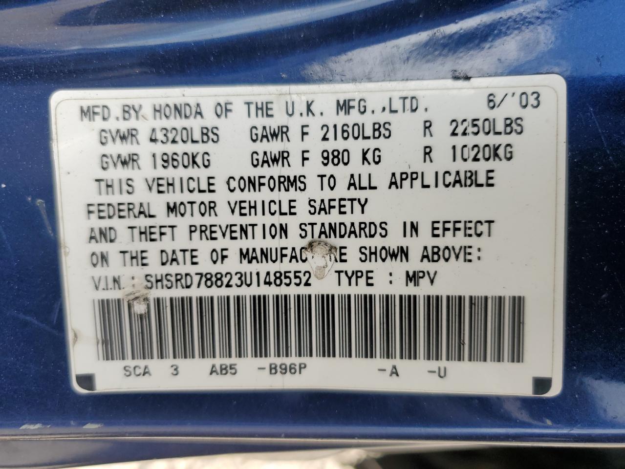 SHSRD78823U148552 2003 Honda Cr-V Ex