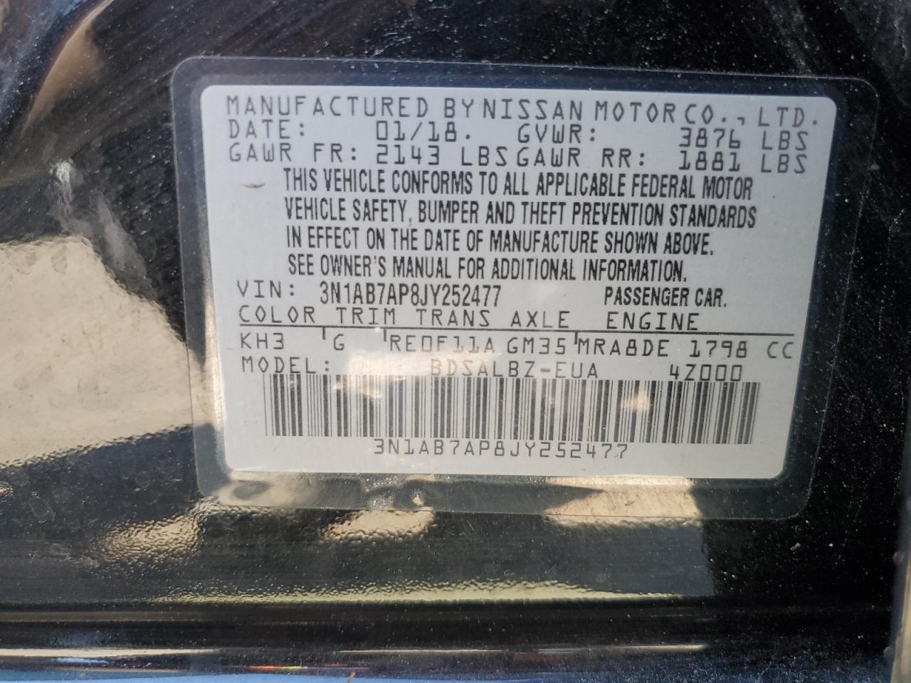 2018 Nissan Sentra S vin: 3N1AB7AP8JY252477