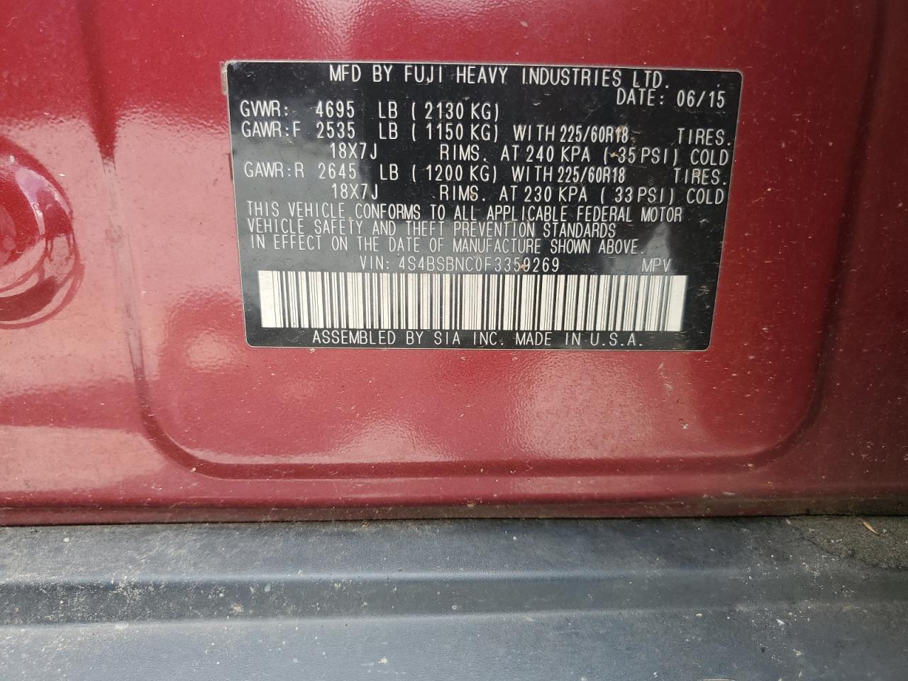 4S4BSBNC0F3359269 2015 Subaru Outback 2.5I Limited