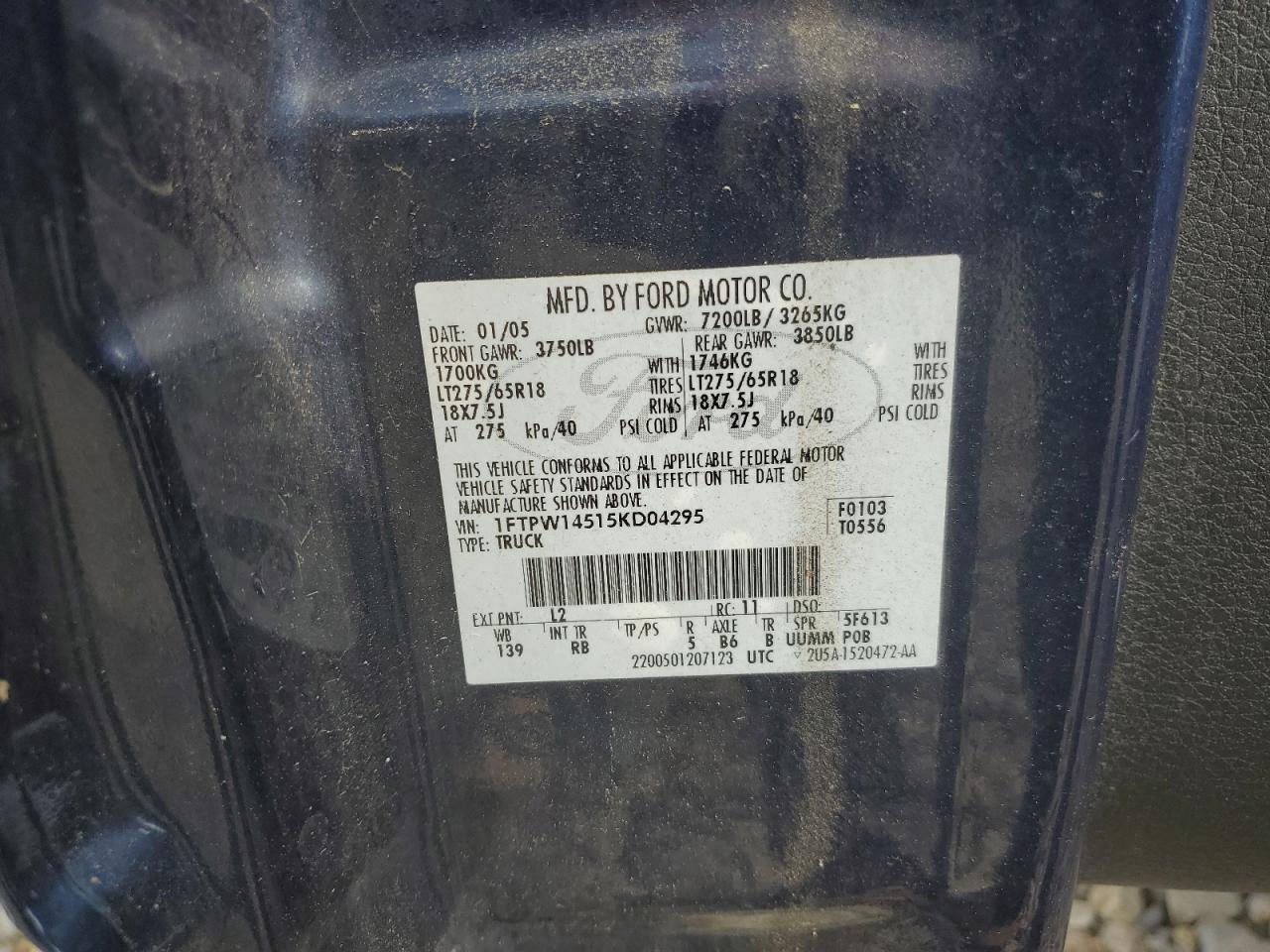 1FTPW14515KD04295 2005 Ford F150 Supercrew