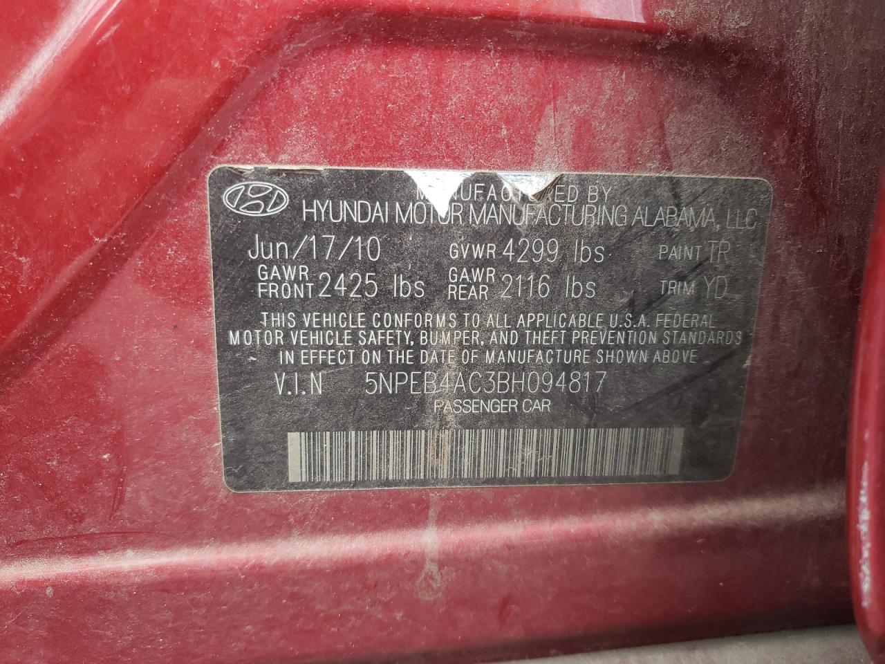 5NPEB4AC3BH094817 2011 Hyundai Sonata Gls