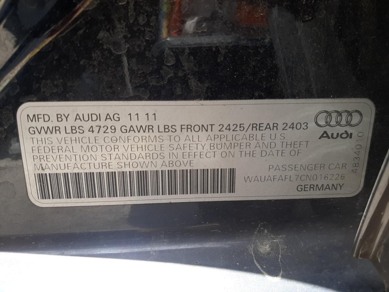 2012 Audi A4 Premium vin: WAUAFAFL7CN016226