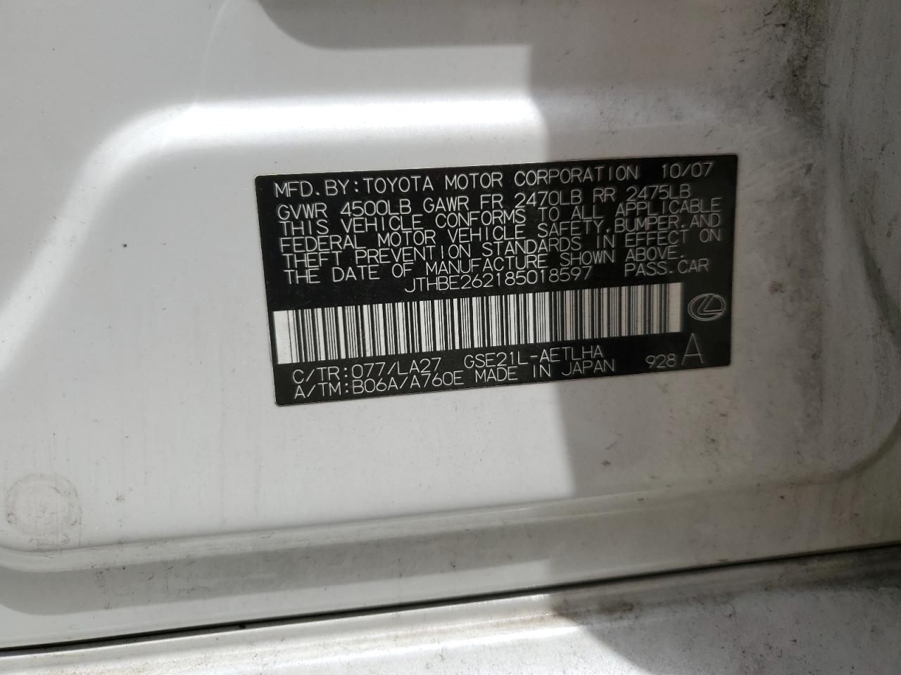 JTHBE262185018597 2008 Lexus Is 350