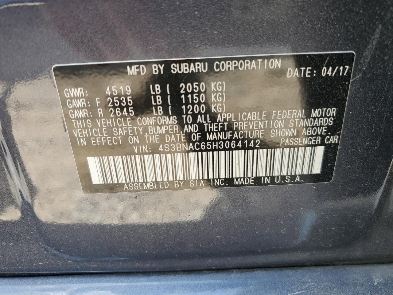 4S3BNAC65H3064142 2017 Subaru Legacy 2.5I Premium