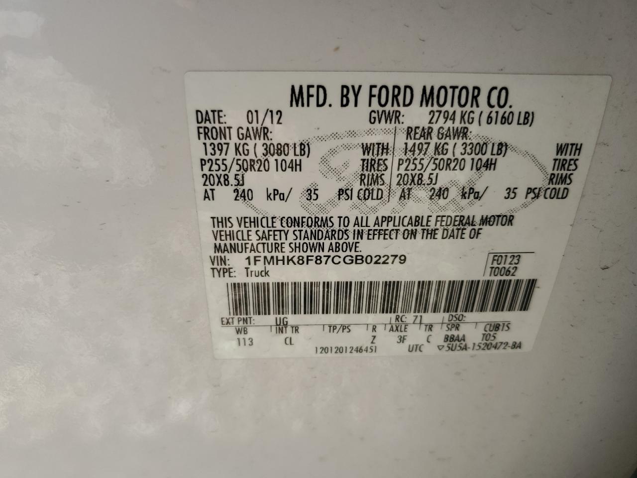1FMHK8F87CGB02279 2012 Ford Explorer Limited